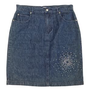 Blue Denim Short Jean Skirt Cotton Size M Pencil Rhinestone Detail Casual Summer